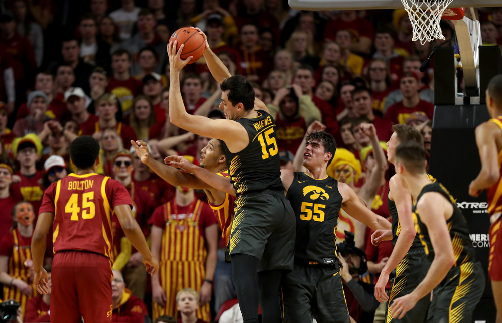 Iowa Hawkeyes forward Ryan Kriener (15) against the Iowa State Cyclones Thursday, December 12, 2019 at Hilton Coliseum in Ames, Iowa(Brian Ray/hawkeyesports.com)