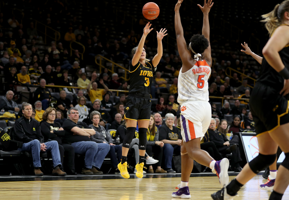 Iowa Hawkeyes guard Makenzie Meyer (3) knocks down a three point basket against Clemson Wednesday, December 4, 2019 at Carver-Hawkeye Arena. (Brian Ray/hawkeyesports.com)