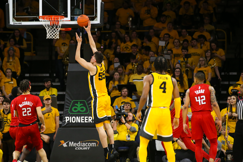Iowa Hawkeyes center Luka Garza (55) attempts a layup during the Iowa men’s basketball game vs Rutgers on Wednesday, January 22, 2020 at Carver-Hawkeye Arena. (Lily Smith/hawkeyesports.com)