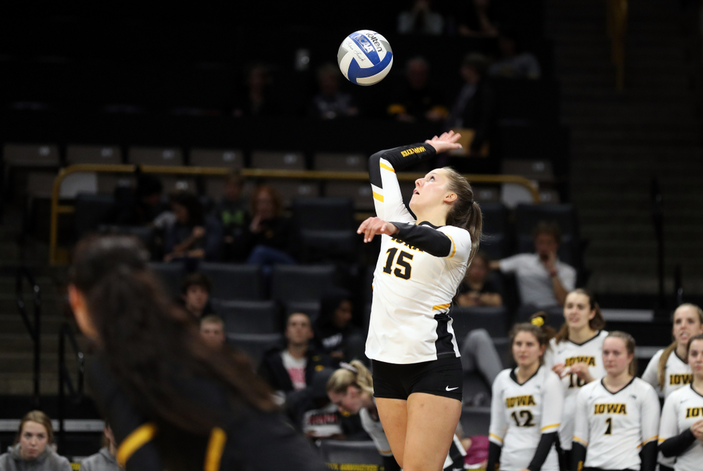 Iowa Hawkeyes defensive specialist Maddie Slagle (15) against Penn State Friday, November 1, 2019 at Carver Hawkeye Arena. (Brian Ray/hawkeyesports.com)