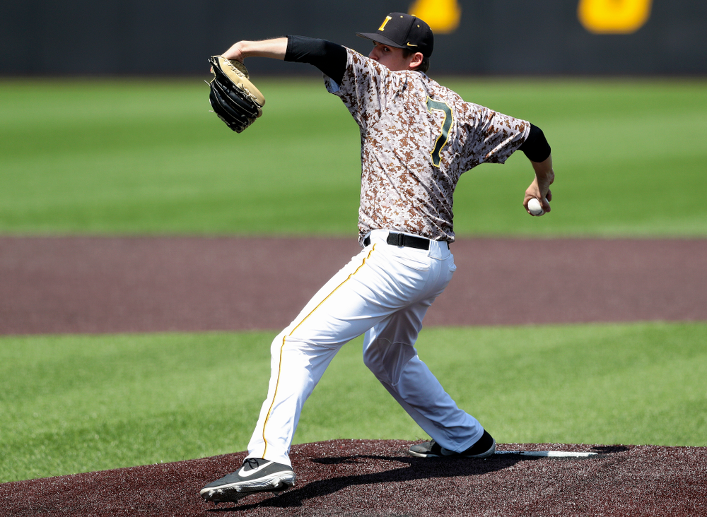 Iowa Hawkeyes pitcher Grant Judkins (7) delivers to the plate during the fourth inning of their game against UC Irvine at Duane Banks Field in Iowa City on Sunday, May. 5, 2019. (Stephen Mally/hawkeyesports.com)