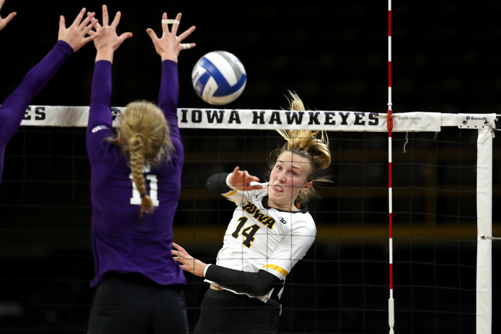 Iowa Hawkeyes outside hitter Cali Hoye (14) against the Northwestern Wildcats Wednesday, October 24, 2018 at Carver-Hawkeye Arena. (Brian Ray/hawkeyesports.com)