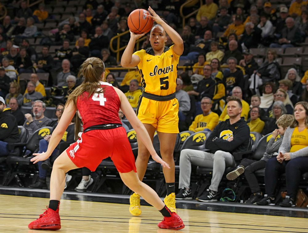 Iowa Hawkeyes guard Alexis Sevillian (5) lines up a shot during the first quarter of their game at Carver-Hawkeye Arena in Iowa City on Thursday, January 23, 2020. (Stephen Mally/hawkeyesports.com)