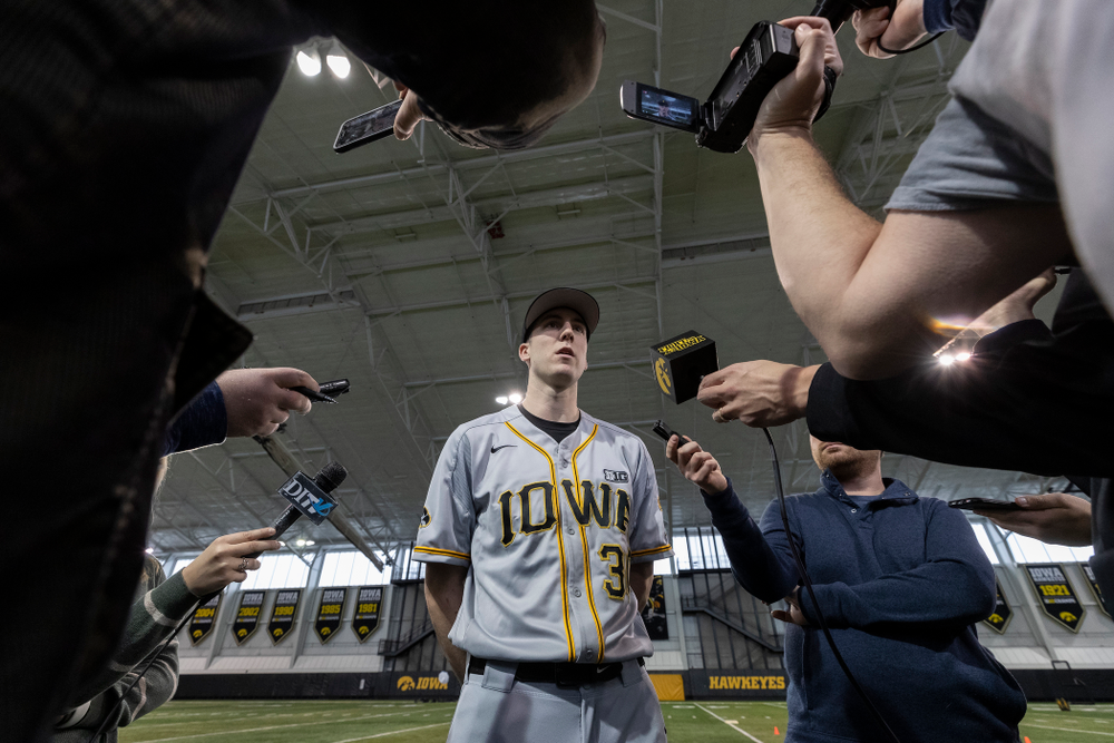 Iowa Hawkeyes Connor McCaffery (30) answers questions from reporters during the team's annual media day Tuesday, February 5, 2019 in the Indoor Practice Facility. (Brian Ray/hawkeyesports.com)