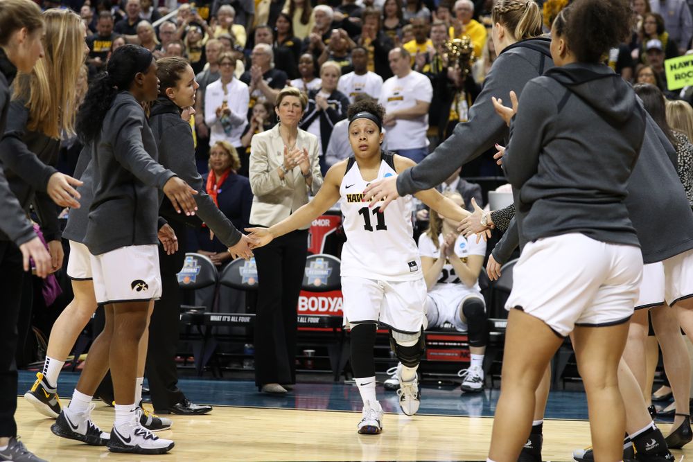 Iowa Hawkeyes guard Tania Davis (11) against the NC State Wolfpack in the regional semi-final of the 2019 NCAA Women's College Basketball Tournament Saturday, March 30, 2019 at Greensboro Coliseum in Greensboro, NC.(Brian Ray/hawkeyesports.com)