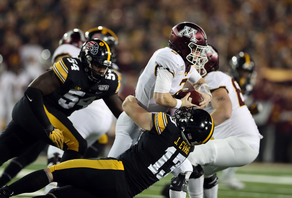 Iowa Hawkeyes linebacker Joe Evans (13) gets a sack against the Minnesota Golden Gophers Saturday, November 16, 2019 at Kinnick Stadium. (Brian Ray/hawkeyesports.com)