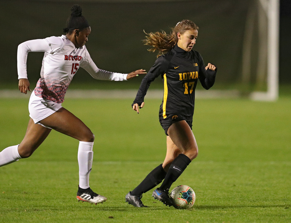 Iowa defender Hannah Drkulec (17) moves with the ball during the first half of their match at the Iowa Soccer Complex in Iowa City on Friday, Oct 11, 2019. (Stephen Mally/hawkeyesports.com)