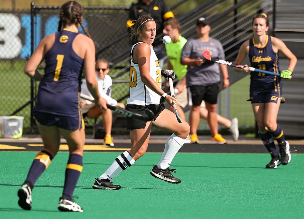 Iowa’s Sophie Sunderland (20) eyes the ball during the third quarter of their game at Grant Field in Iowa City on Friday, Sep 13, 2019. (Stephen Mally/hawkeyesports.com)