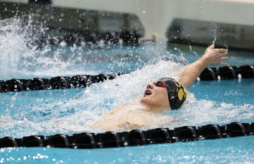 Iowa's Anze Fers Erzen competes in the 200-yard backstroke during a meet against Michigan and Denver at the Campus Recreation and Wellness Center on November 3, 2018. (Tork Mason/hawkeyesports.com)