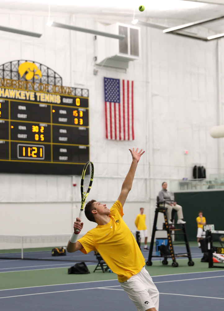Joe Tyler against Utah Sunday, February 10, 2019 at the Hawkeye Tennis and Recreation Complex. (Brian Ray/hawkeyesports.com)