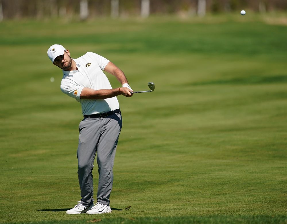 Iowa's Gonzalo Leal chips onto the green during the second round of the Hawkeye Invitational at Finkbine Golf Course in Iowa City on Saturday, Apr. 20, 2019. (Stephen Mally/hawkeyesports.com)