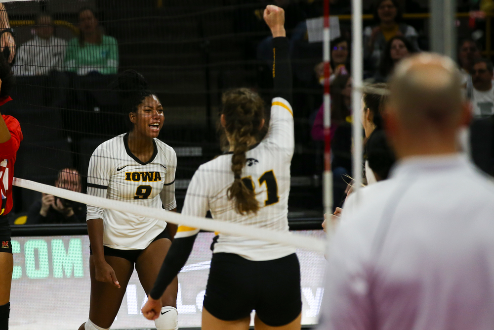 Iowa Hawkeyes middle blocker Amiya Jones (9) during Iowa volleyball vs Maryland on Saturday, November 30, 2019 at Carver-Hawkeye Arena. (Lily Smith/hawkeyesports.com)