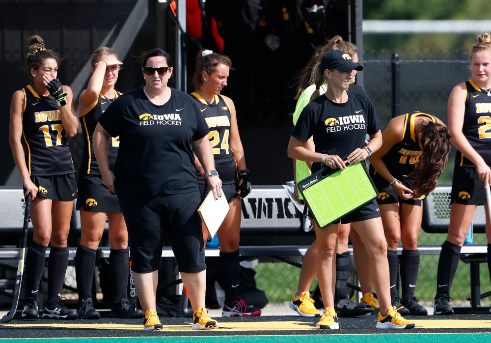 Iowa Hawkeyes head coach Lisa Cellucci and assistant coach Roz Ellis against Dartmouth Friday, August 31, 2018 at Grant Field. (Brian Ray/hawkeyesports.com)