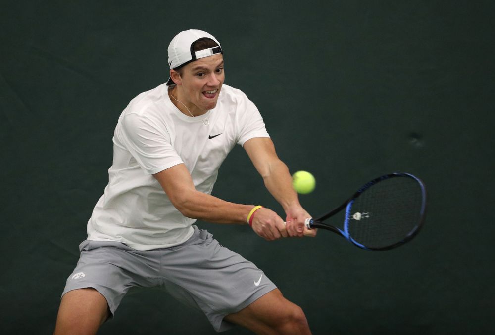 Iowa's Joe Tyler against Western Michigan Saturday, January 19, 2019 at the Hawkeye Tennis and Recreation Complex. (Brian Ray/hawkeyesports.com)