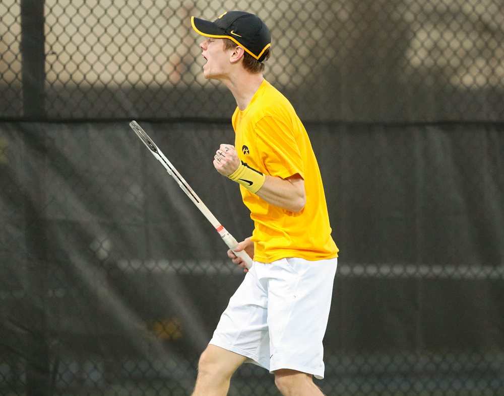 Iowa's Jason Kerst celebrates a point during his match again Michigan State at the Hawkeye Tennis and Recreation Complex in Iowa City on Friday, Apr. 19, 2019. (Stephen Mally/hawkeyesports.com)