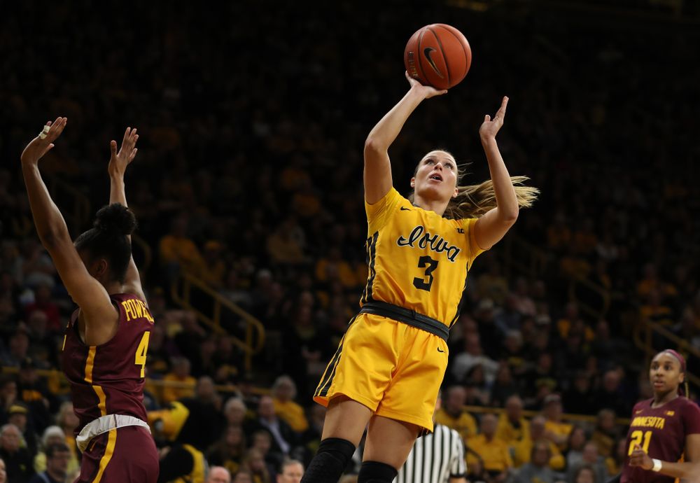 Iowa Hawkeyes guard Makenzie Meyer (3) against the Minnesota Golden Gophers Thursday, February 27, 2020 at Carver-Hawkeye Arena. (Brian Ray/hawkeyesports.com)