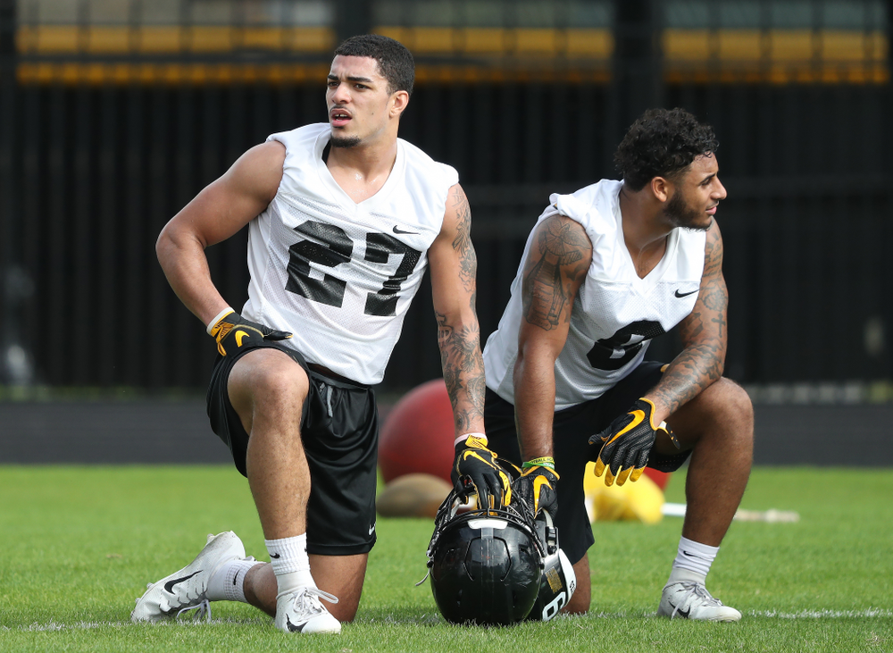 Iowa Hawkeyes defensive back Amani Hooker (27) and defensive back Geno Stone (9) during practice for the 2019 Outback Bowl Friday, December 28, 2018 at the University of Tampa. (Brian Ray/hawkeyesports.com)