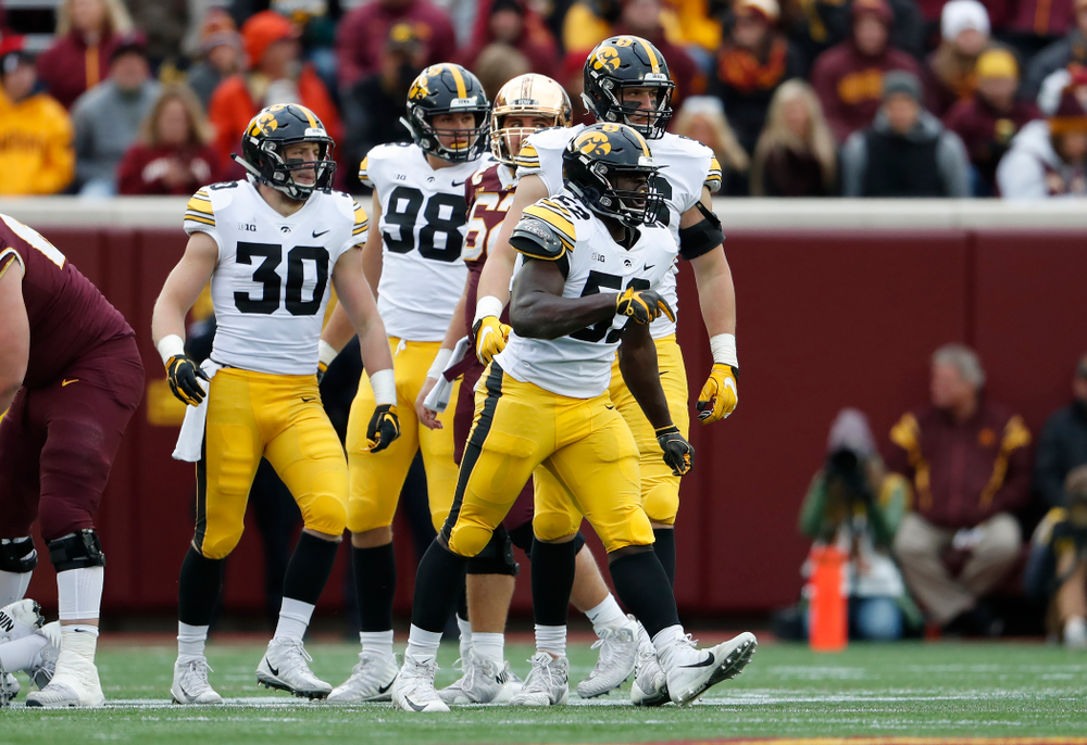 Iowa Hawkeyes linebacker Amani Jones (52) against the Minnesota Golden Gophers Saturday, October 6, 2018 at TCF Bank Stadium. (Brian Ray/hawkeyesports.com)