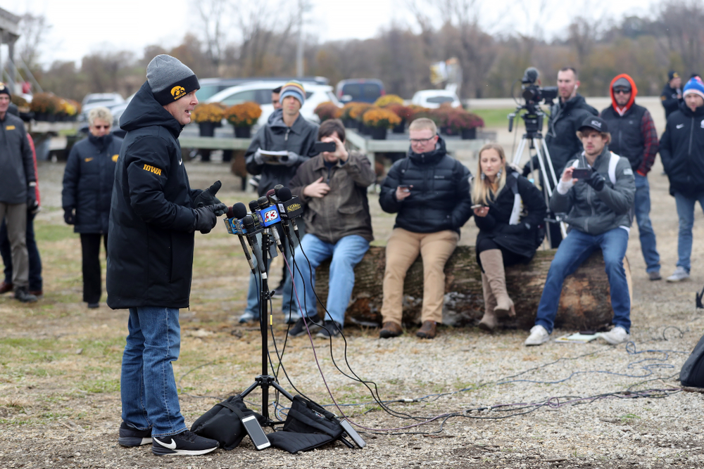 Iowa Wrestling Head Coach Tom Brands answers questions from reporters during the teamÕs annual media day Wednesday, October 30, 2019 at Kroul Family Farms in Mount Vernon. (Brian Ray/hawkeyesports.com)