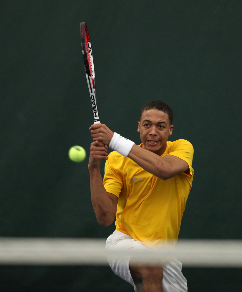 Oliver Okonkwo against Utah Sunday, February 10, 2019 at the Hawkeye Tennis and Recreation Complex. (Brian Ray/hawkeyesports.com)