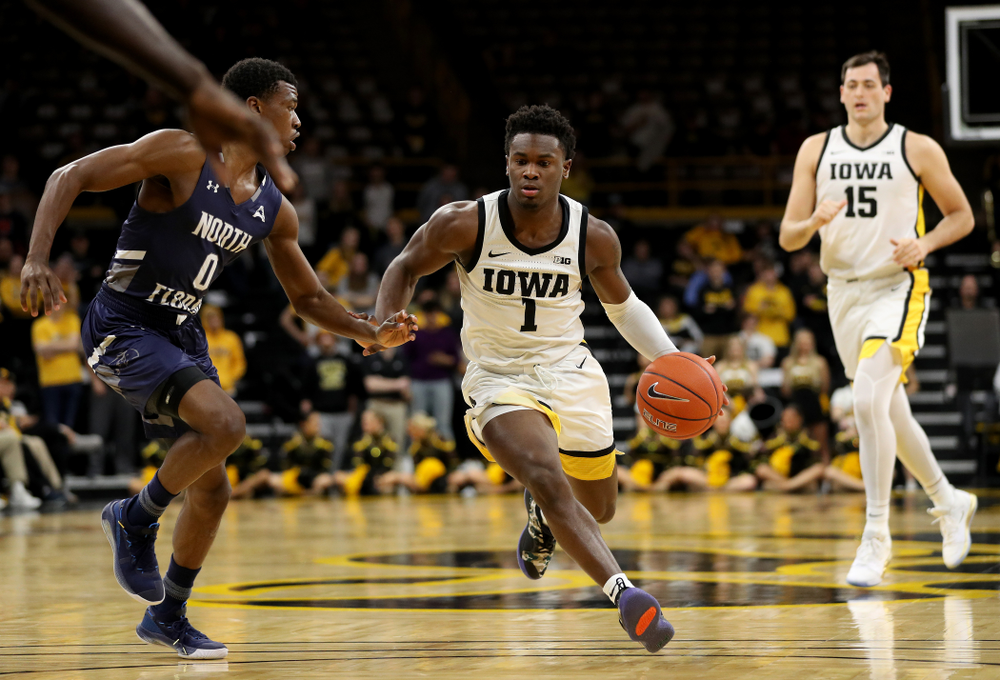 Iowa Hawkeyes guard Joe Toussaint (1) against North Florida Thursday, November 21, 2019 at Carver-Hawkeye Arena. (Brian Ray/hawkeyesports.com)