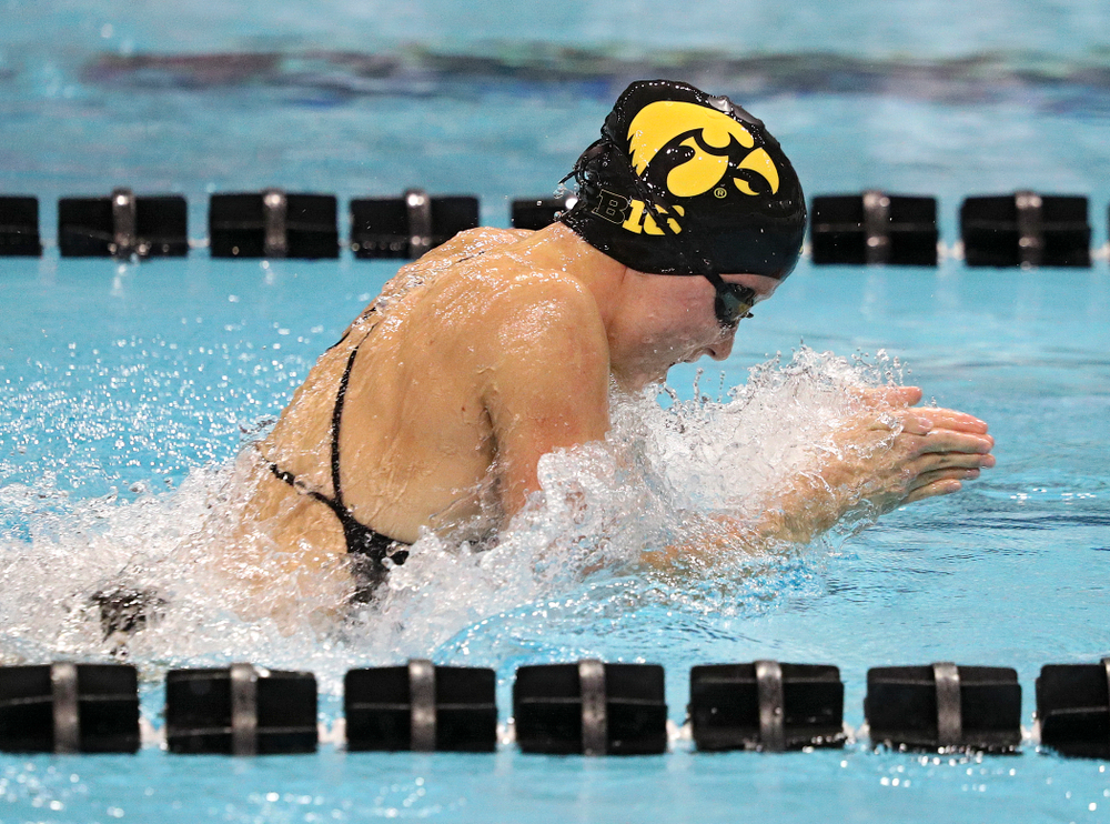 Iowa’s Aleksandra Olesiak swims the women’s 50-yard breaststroke event during their meet against Michigan State at the Campus Recreation and Wellness Center in Iowa City on Thursday, Oct 3, 2019. (Stephen Mally/hawkeyesports.com)