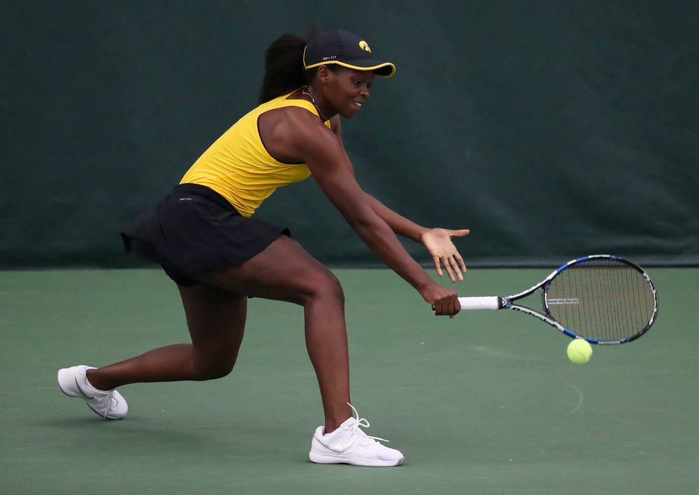 Adorabol Huckleby returns a shot in a singles match during the second day of the ITA Central Regional Championships at the Hawkeye Tennis and Recreation Complex on October 13, 2018. (Tork Mason/hawkeyesports.com)