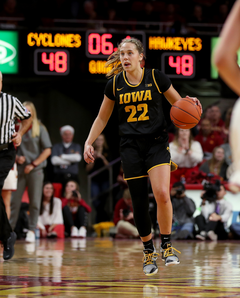 Iowa Hawkeyes guard Kathleen Doyle (22) against the Iowa State Cyclones Wednesday, December 11, 2019 at Hilton Coliseum in Ames, Iowa(Brian Ray/hawkeyesports.com)