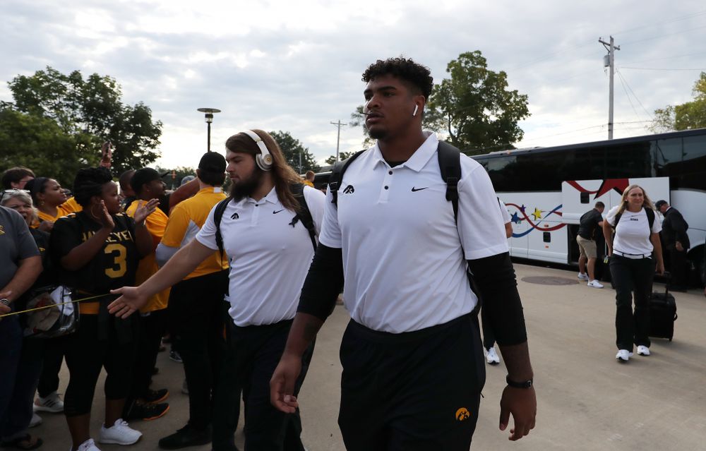 Iowa Hawkeyes offensive lineman Tristan Wirfs (74) and offensive lineman Kyler Schott (64) against the Rutgers Scarlet Knights Saturday, September 7, 2019 at Kinnick Stadium. (Brian Ray/hawkeyesports.com)