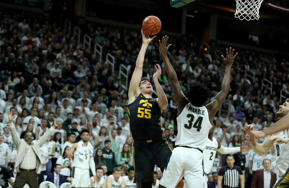 Iowa Hawkeyes forward Luka Garza (55) against Michigan State Tuesday, February 25, 2020 at the Breslin Center in East Lansing, MI. (Brian Ray/hawkeyesports.com)