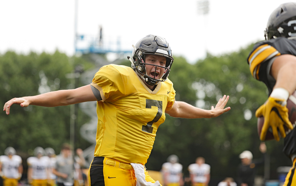 Iowa Hawkeyes quarterback Spencer Petras (7) celebrates with tight end Nate Wieting (39) after throwing a touchdown pass during Fall Camp Practice No. 11 at the Hansen Football Performance Center in Iowa City on Wednesday, Aug 14, 2019. (Stephen Mally/hawkeyesports.com)