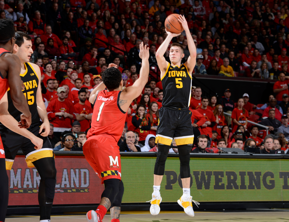 Iowa Hawkeyes guard CJ Fredrick (5) puts up a shot during their game at the Xfinity Center in College Park, MD on Thursday, January 30, 2020. (University of Maryland Athletics)