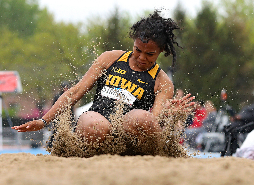 Iowa's Tria Simmons jumps in the women’s long jump in the heptathlon event on the second day of the Big Ten Outdoor Track and Field Championships at Francis X. Cretzmeyer Track in Iowa City on Saturday, May. 11, 2019. (Stephen Mally/hawkeyesports.com)