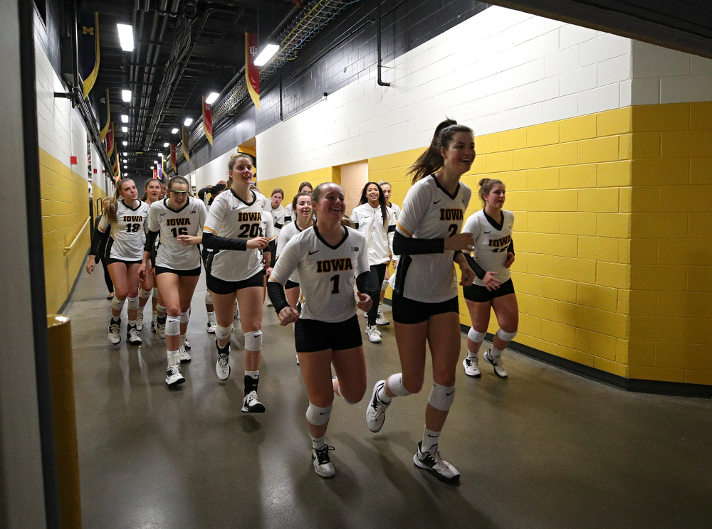 The Iowa Hawkeyes take the court before their match against Nebraska at Carver-Hawkeye Arena in Iowa City on Saturday, Nov 9, 2019. (Stephen Mally/hawkeyesports.com)