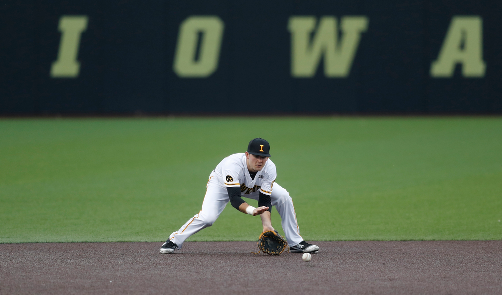 Iowa Hawkeyes infielder Kyle Crowl (23) against Coe College Wednesday, April 11, 2018 at Duane Banks Field. (Brian Ray/hawkeyesports.com)