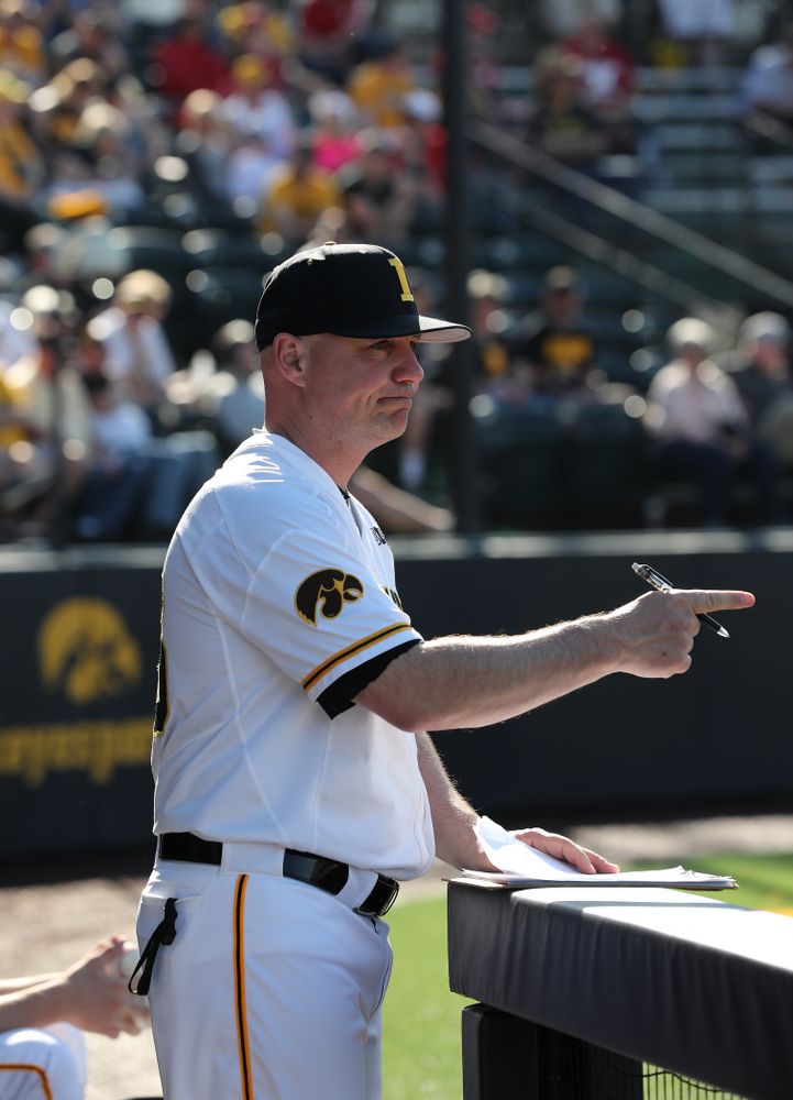 Iowa Hawkeyes assistant coach Robin Lund against the Nebraska Cornhuskers Saturday, April 20, 2019 at Duane Banks Field. (Brian Ray/hawkeyesports.com)