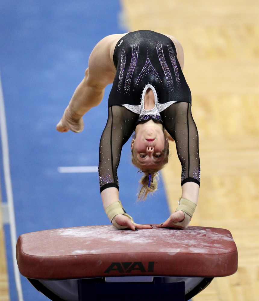 Iowa’s Madelyn Solomon competes on the vault against Michigan State Saturday, February 1, 2020 at Carver-Hawkeye Arena. (Brian Ray/hawkeyesports.com)