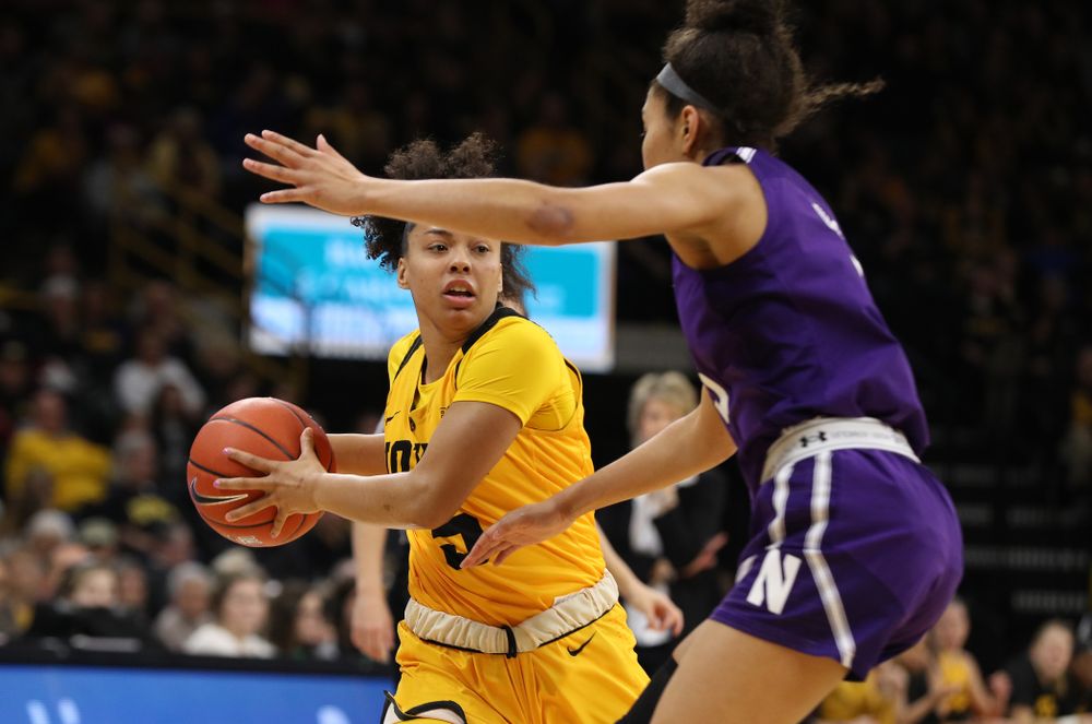Iowa Hawkeyes guard Alexis Sevillian (5) against the Northwestern Wildcats Sunday, March 3, 2019 at Carver-Hawkeye Arena. (Brian Ray/hawkeyesports.com)