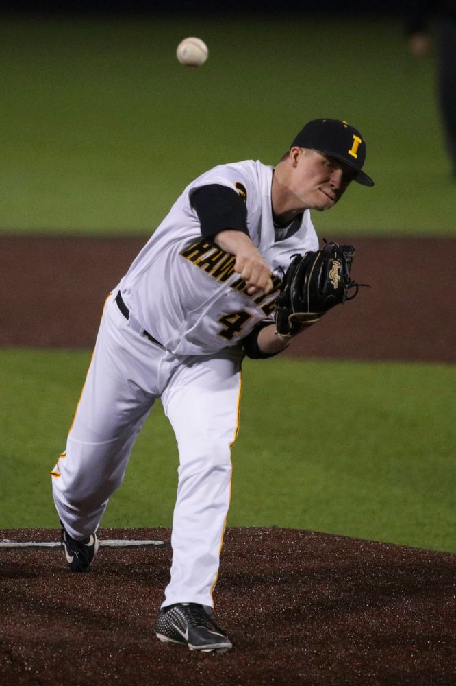 Iowa pitcher Trace Hoffman at game 1 vs Rutgers on Friday, April 5, 2019 at Duane Banks Field. (Lily Smith/hawkeyesports.com)