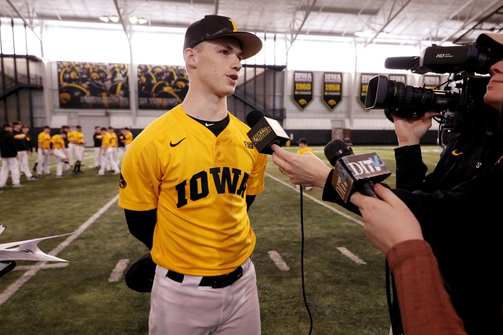 Iowa Hawkeyes Jack Dreyer (33) answers questions from reporters during their annual media day Thursday, February 6, 2020 at the Indoor Practice Facility. (Brian Ray/hawkeyesports.com)