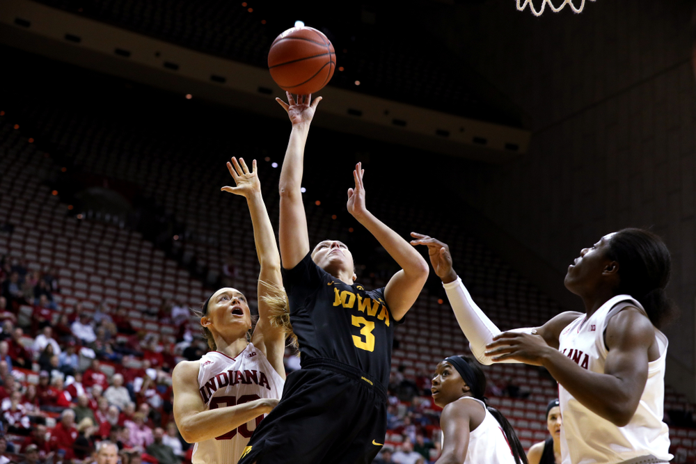 Iowa Hawkeyes guard Makenzie Meyer (3) against the Indiana Hoosiers Thursday, February 21, 2019 at Simon Skjodt Assembly Hall. (Brian Ray/hawkeyesports.com)