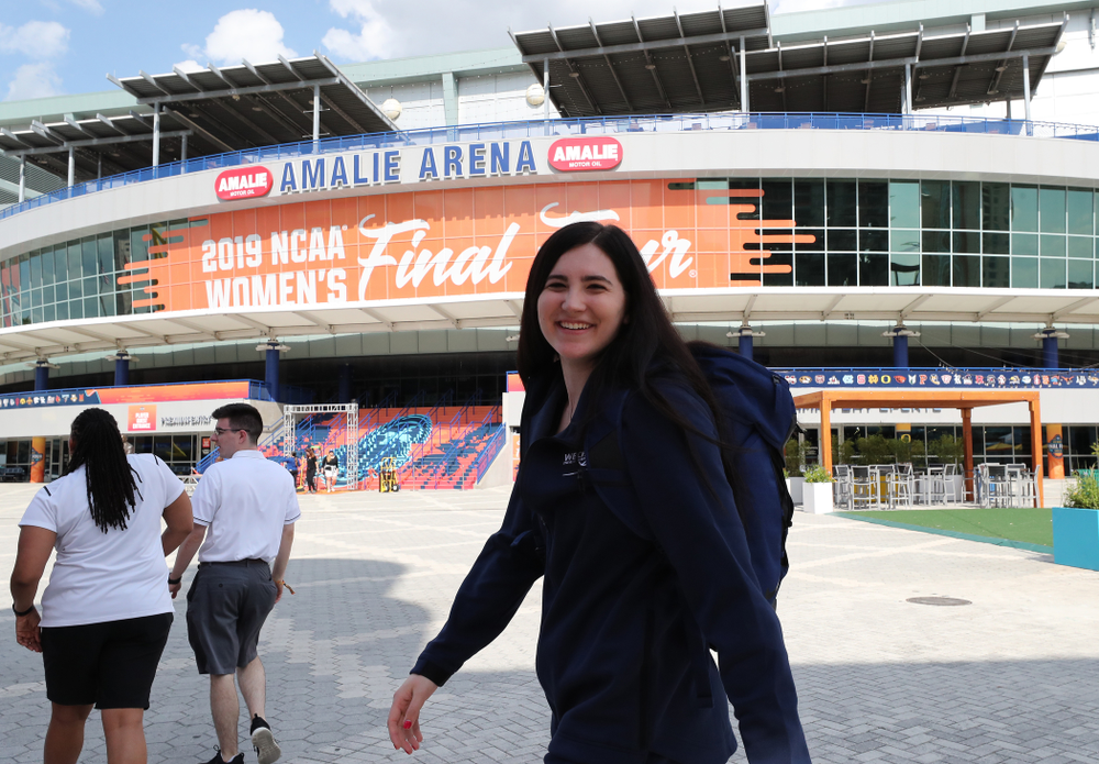 Iowa Hawkeyes forward Megan Gustafson (10) walks to Amalie Arena Thursday, April 4, 2019 in Tampa, FL. (Brian Ray/hawkeyesports.com)