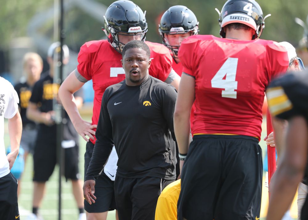 Iowa Hawkeyes running backs coach Derrick Foster during the third practice of fall camp Sunday, August 5, 2018 at the Kenyon Football Practice Facility. (Brian Ray/hawkeyesports.com)