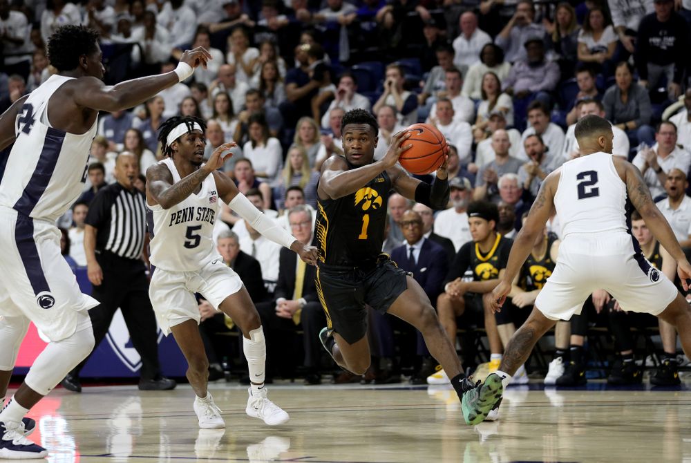 Iowa Hawkeyes guard Joe Toussaint (1) against Penn State Saturday, January 4, 2020 at the Palestra in Philadelphia. (Brian Ray/hawkeyesports.com)
