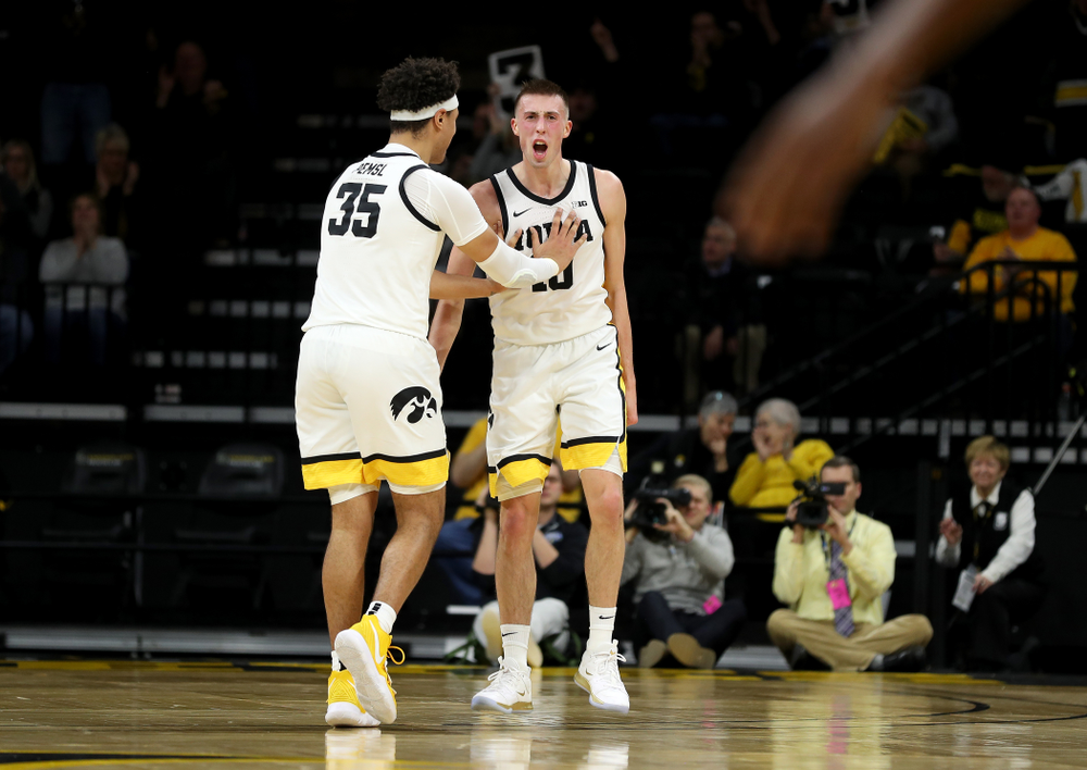 Iowa Hawkeyes guard Joe Wieskamp (10) celebrates after making a three point basket at the end of the first half against the Maryland Terrapins Friday, January 10, 2020 at Carver-Hawkeye Arena. (Brian Ray/hawkeyesports.com)