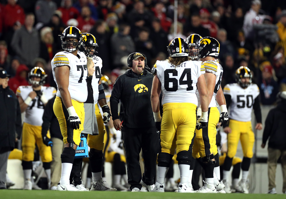 Iowa Hawkeyes offensive line coach Tim Polasek against the Wisconsin Badgers Saturday, November 9, 2019 at Camp Randall Stadium in Madison, Wisc. (Brian Ray/hawkeyesports.com)