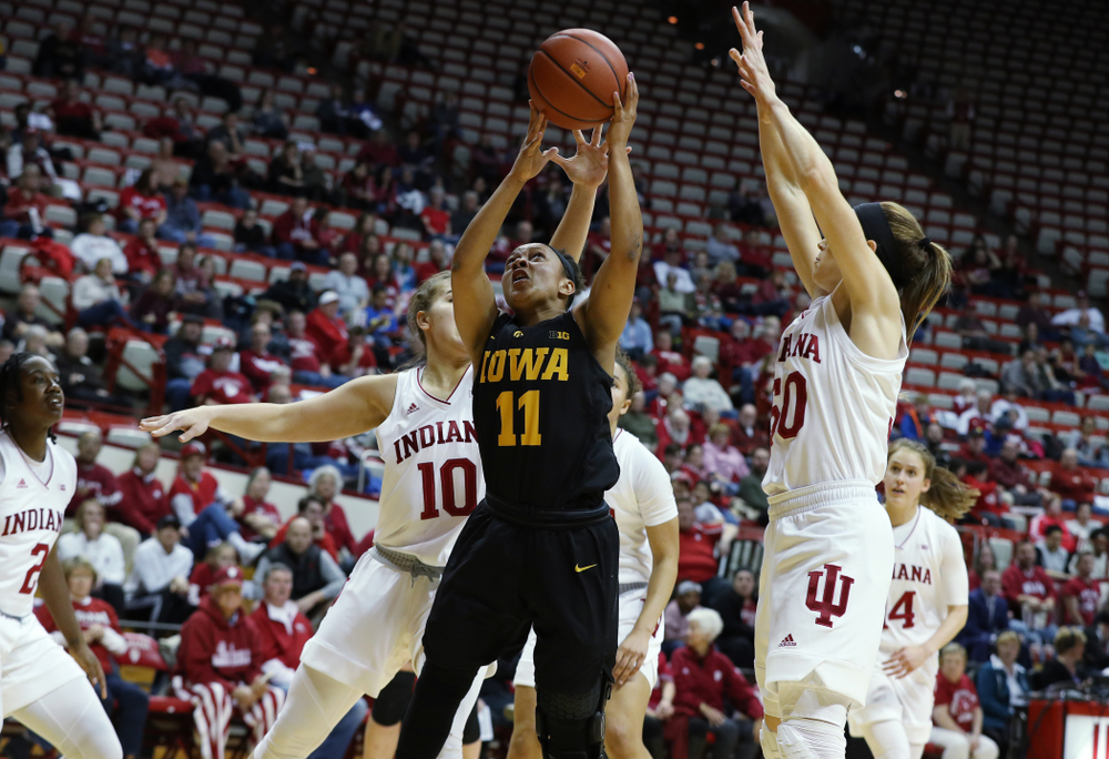 Iowa Hawkeyes guard Tania Davis (11) against the Indiana Hoosiers Thursday, February 21, 2019 at Simon Skjodt Assembly Hall. (Brian Ray/hawkeyesports.com)