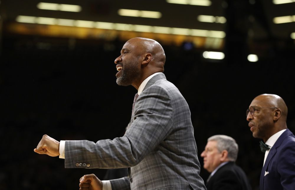 Iowa Hawkeyes assistant coach Andrew Francis against the Northwestern Wildcats Sunday, February 10, 2019 at Carver-Hawkeye Arena. (Brian Ray/hawkeyesports.com)