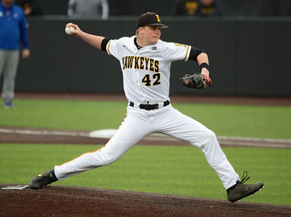 Iowa pitcher Trace Hoffman (42) delivers to the plate during the sixth inning of their college baseball game at Duane Banks Field in Iowa City on Wednesday, March 11, 2020. (Stephen Mally/hawkeyesports.com)