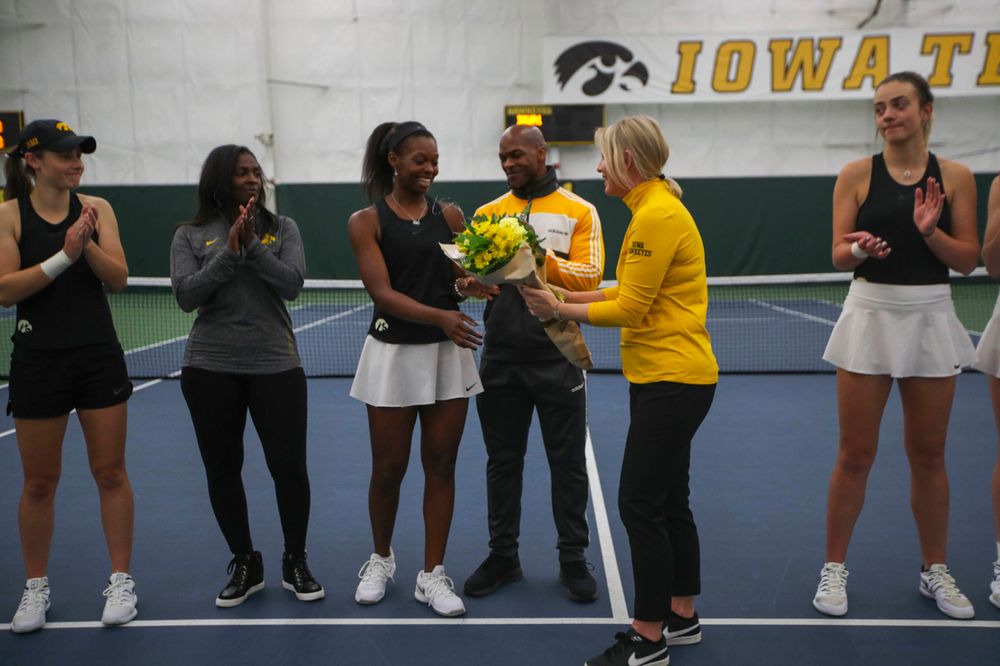 IowaÕs Adorabol Huckleby at womenÕs tennis senior day vs Nebraska on Saturday, April 13, 2019 at the Hawkeye Tennis and Recreation Complex. (Lily Smith/hawkeyesports.com)